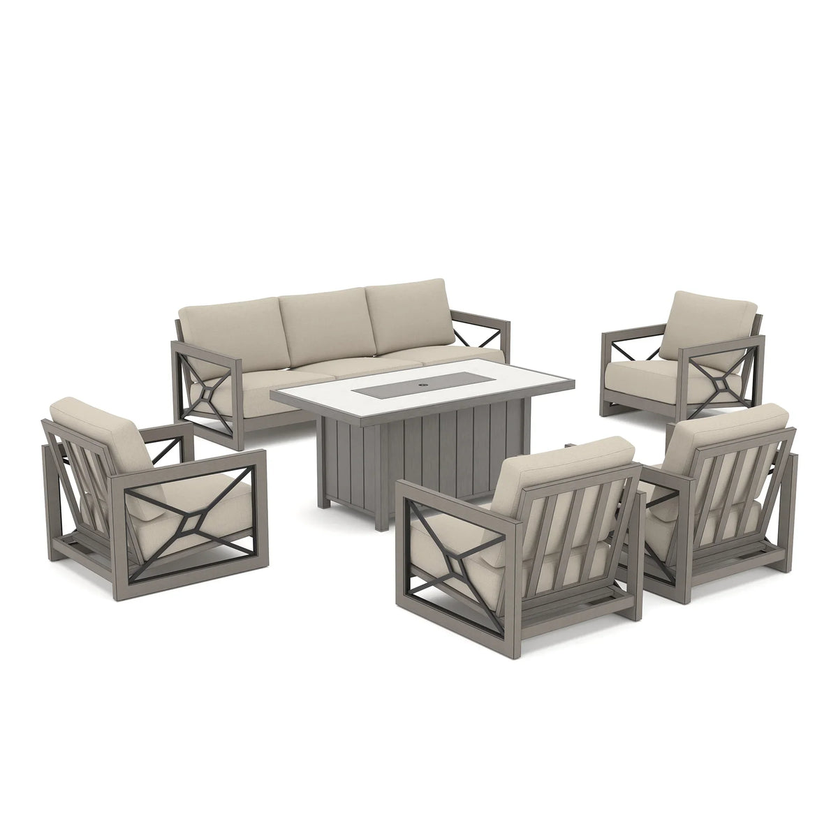 Marindo 6-Piece Faux-Wood Aluminum Patio Deep Seating Set with Fire Pit Table