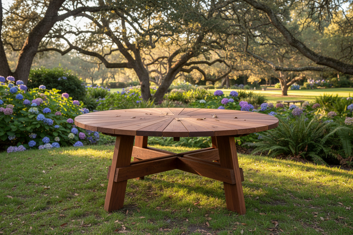 Super Deck Round Redwood Picnic Table