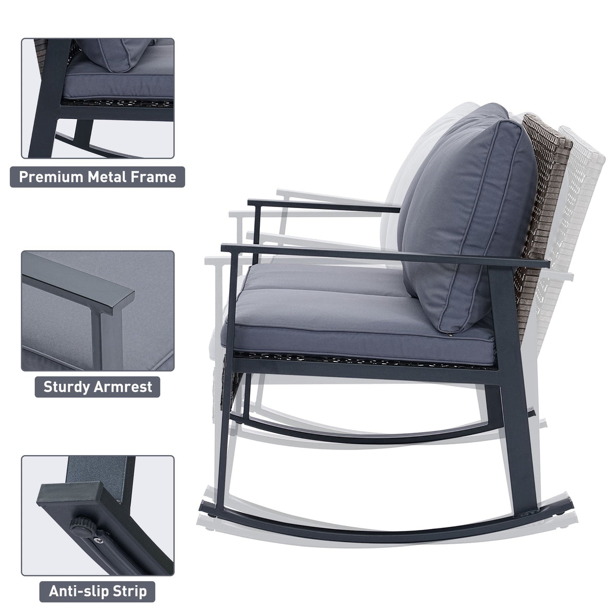 Ainfox Outdoor Patio Furniture Rocking Loveseat, Wicker Rattan Sofa