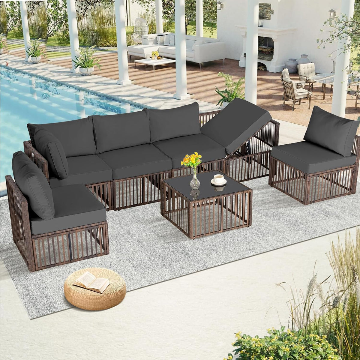 Ainfox 7 Piece Outdoor Sectional Furniture Set with Cushions, Wicker Patio Conversation Set Outdoor Sectional Sofa, All-Weather for Garden, Backyard and Poolside