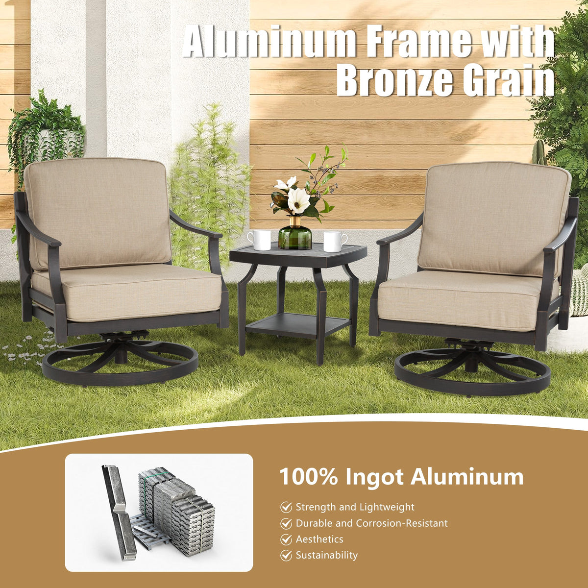 Tamarin 3 Pieces Aluminum Patio Bistro Set With Sunbrella® Cushions
