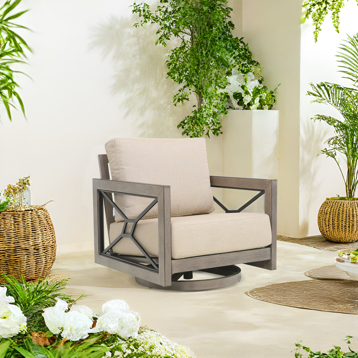 Marindo 3 Pieces Aluminum Patio Swivel Seating Set with Side Table