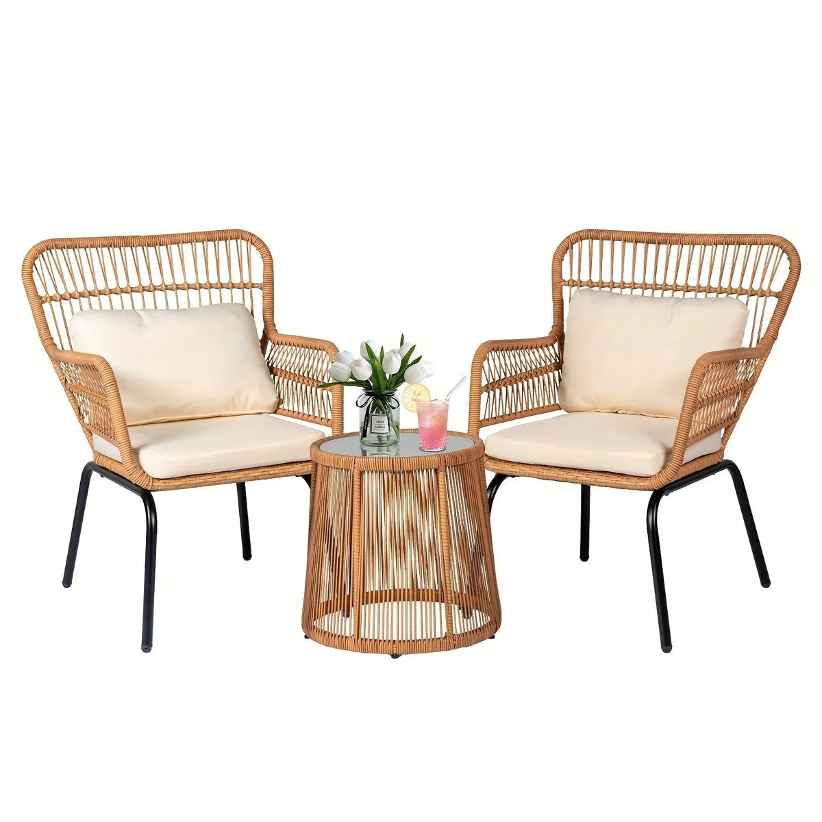 3-Piece Boho Wicker Patio Bistro Set with Beige Cushions