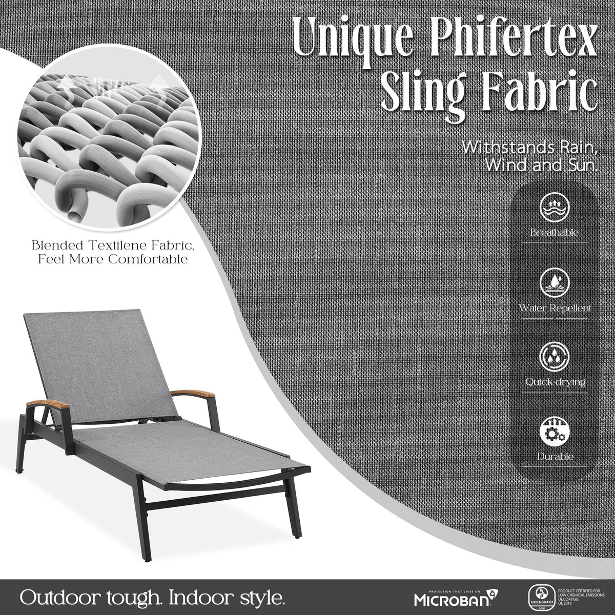 PEAKHOME-Canyon Patio Aluminum Chaise Lounge Set With Phifertex® Sling Fabric And Teak Side Table