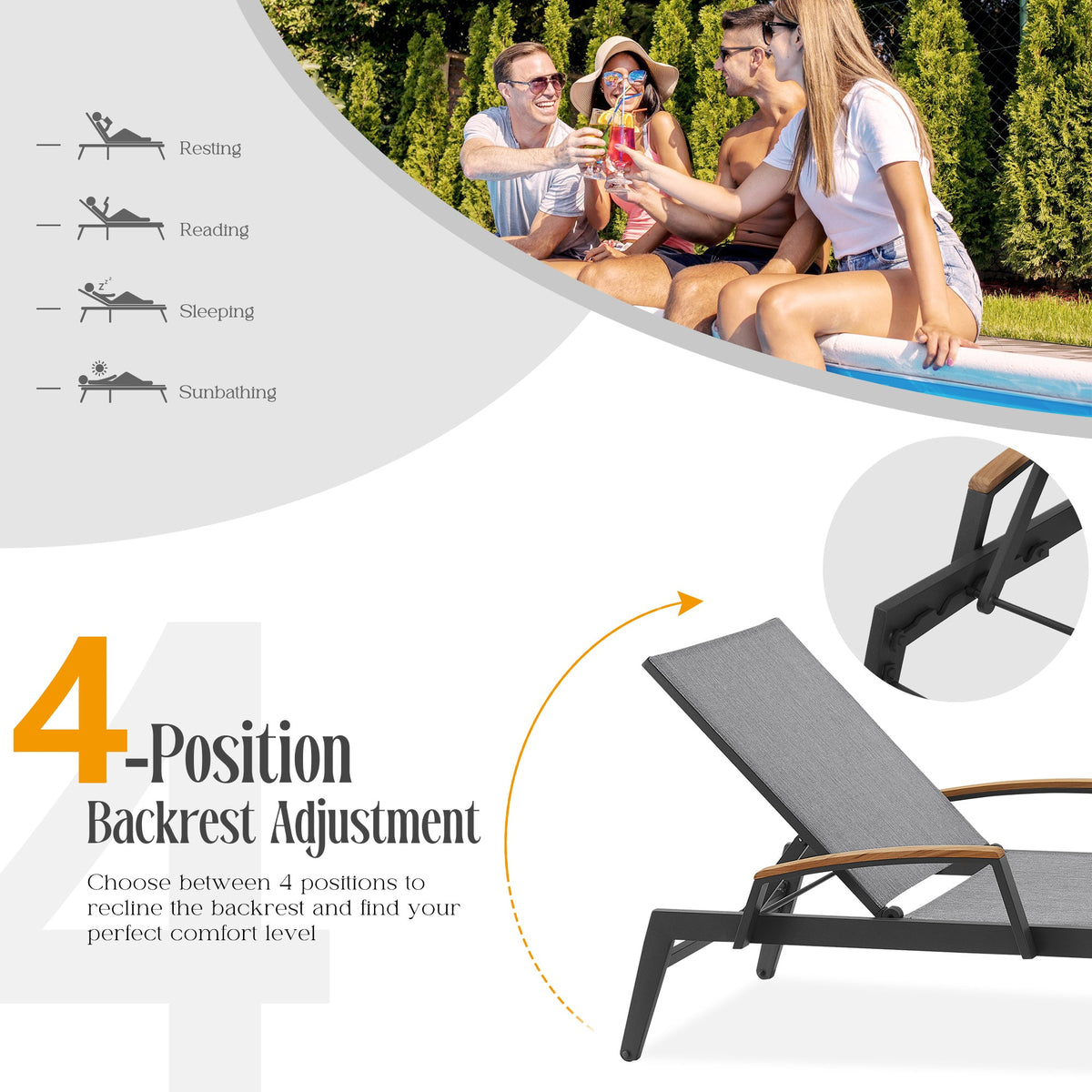 PEAKHOME-Canyon Patio Aluminum Chaise Lounge Set With Phifertex® Sling Fabric And Teak Side Table
