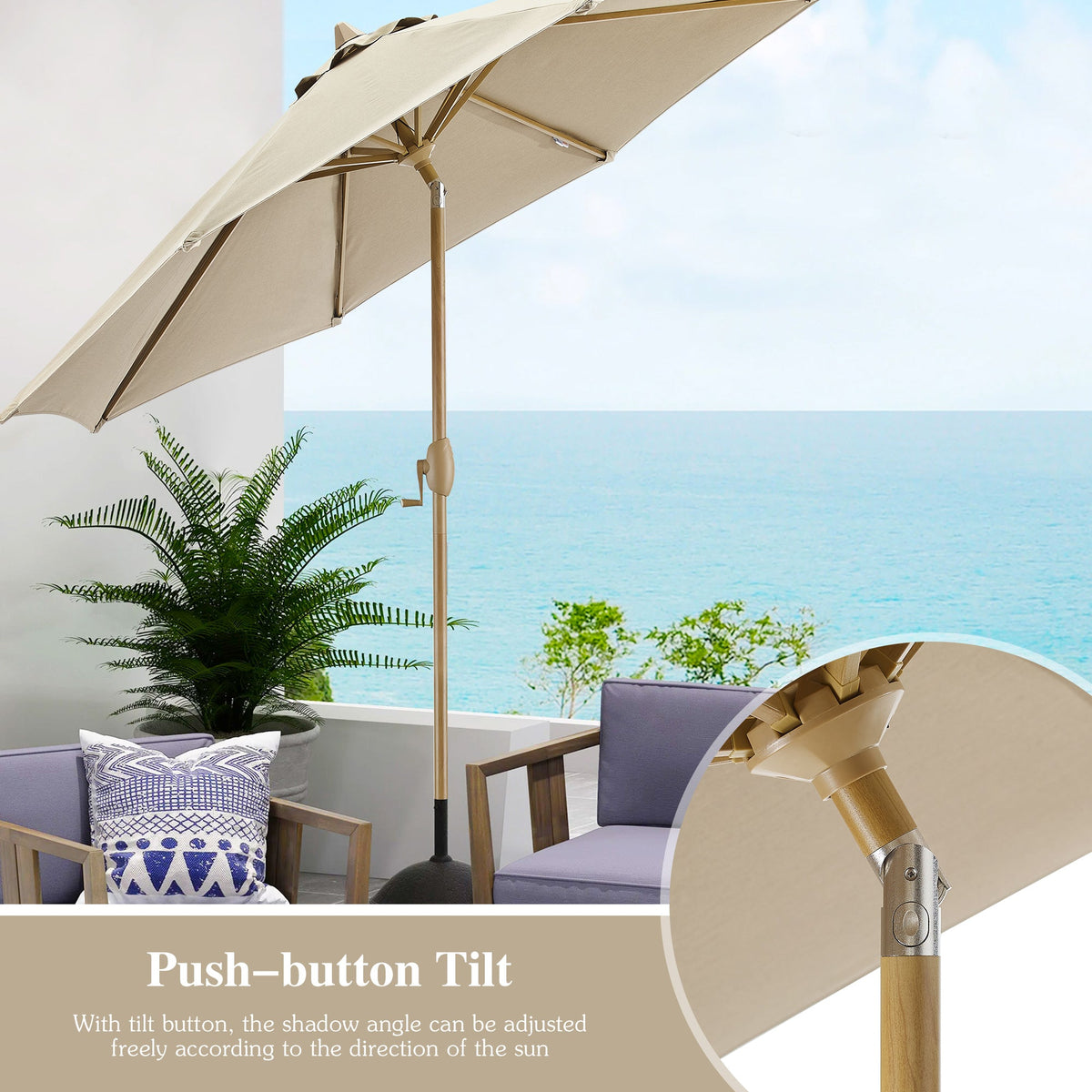 PATIO TREE Patio Umbrella Manual Tilt With Natural Wood Grain Frame (Sunbrella® Heather Beige)