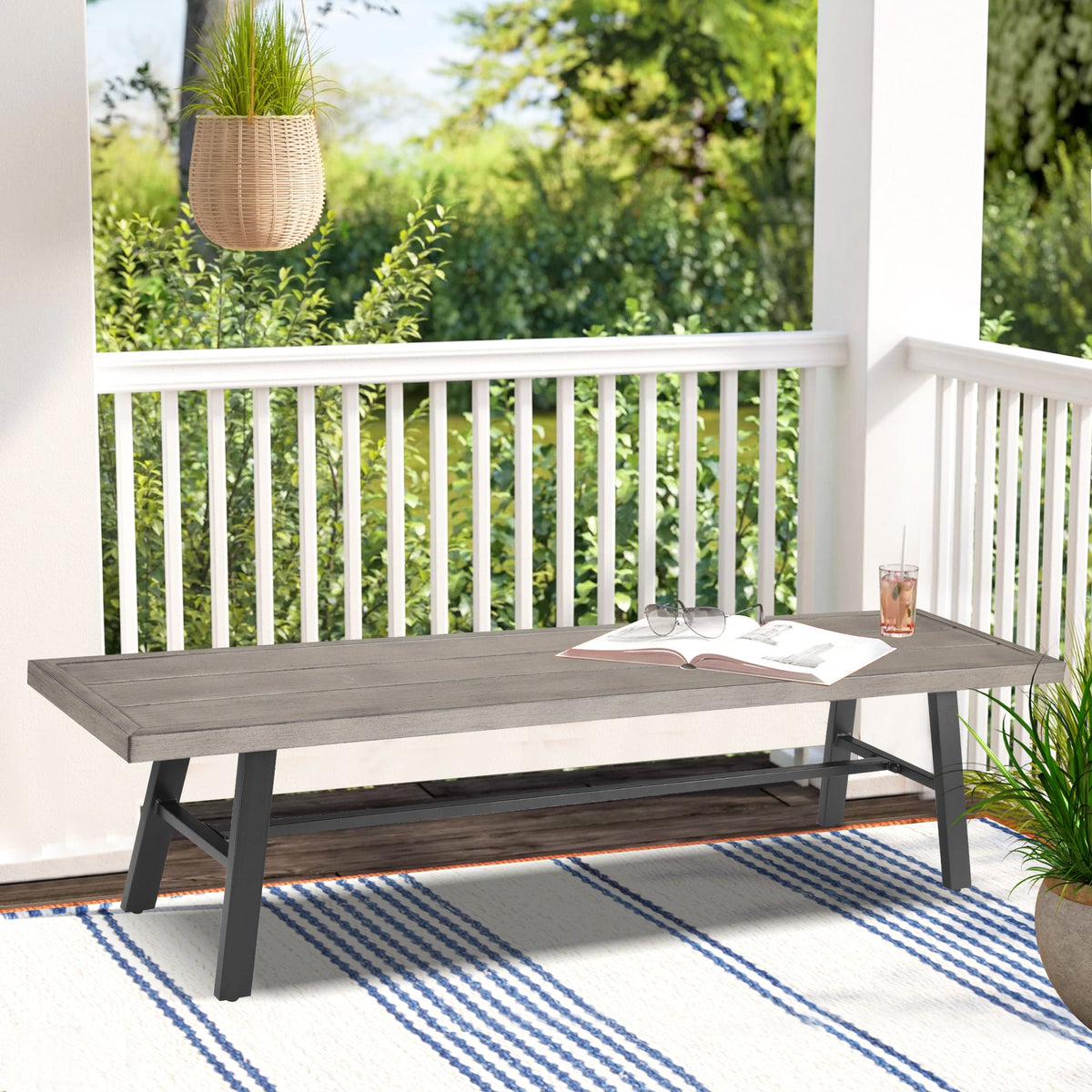 PEAKHOME Azur 3 Pieces Patio Dining Set Outdoor Aluminum Rectangular Dining Table and Steel Outdoor Bench