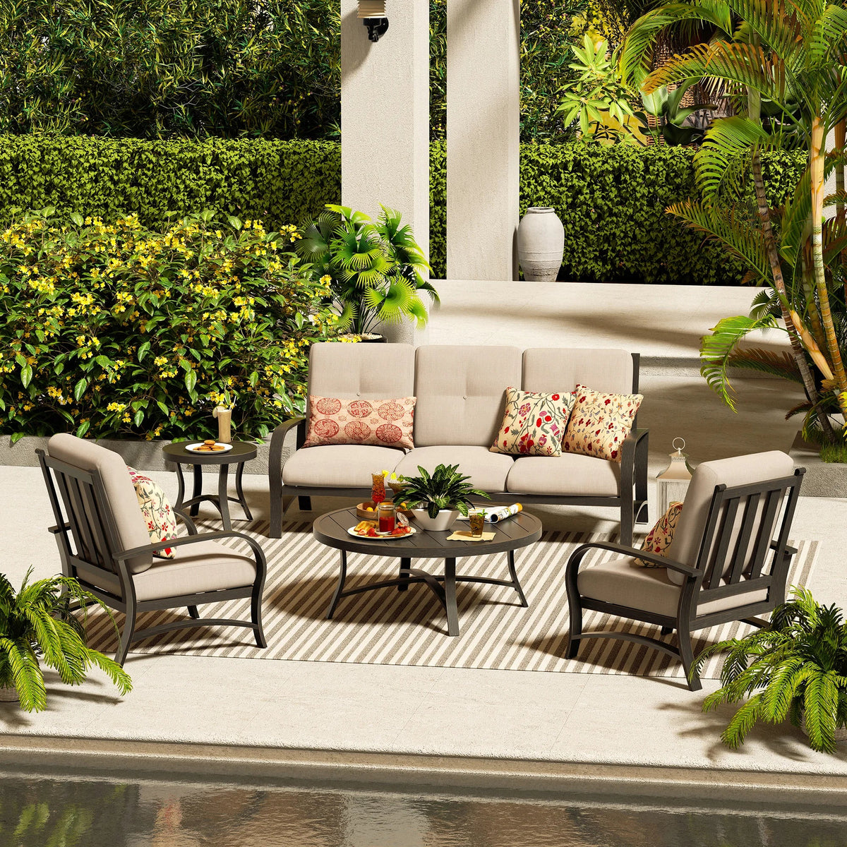 Chamber 5 Seat Patio Conversation Sofa Sets With Sunbrella® Cushions and Side Table