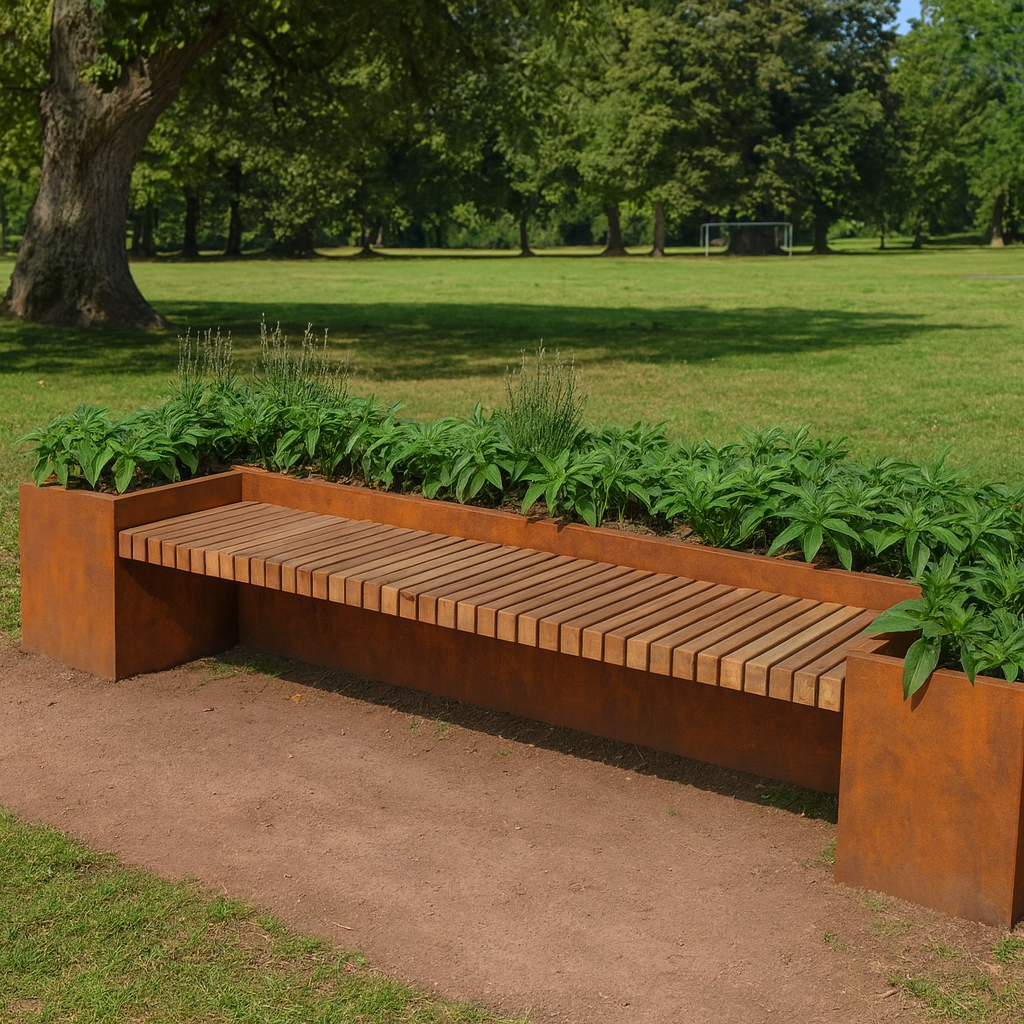 Corten Steel Planter Bench – Modern Outdoor Seating with Integrated Planters