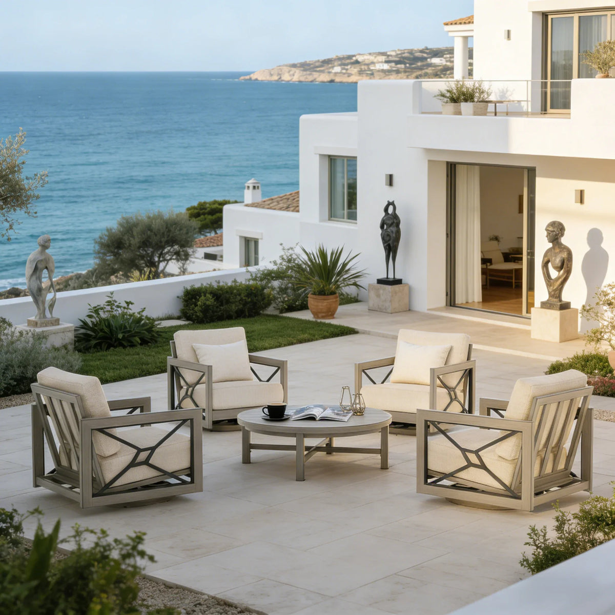 Marindo Patio 4 Swivel Lounge Chairs and Round Coffee Table