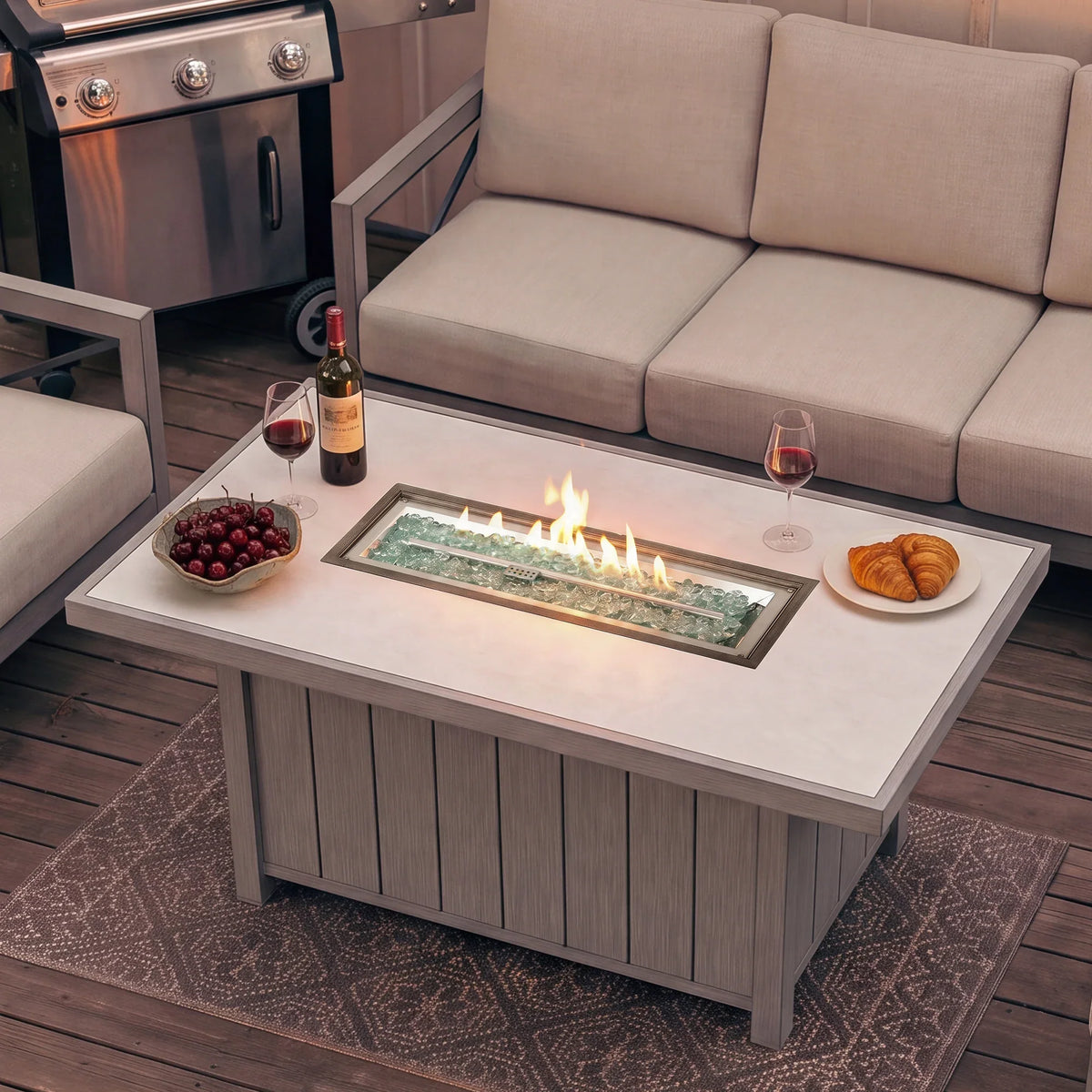 Marindo 6-Piece Faux-Wood Aluminum Patio Deep Seating Set with Fire Pit Table