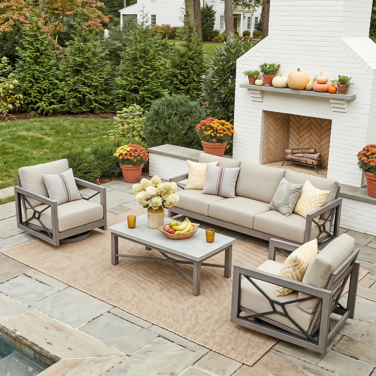 Marindo Modern Patio Swivel Furniture Set with Composite Concrete Coffee Table