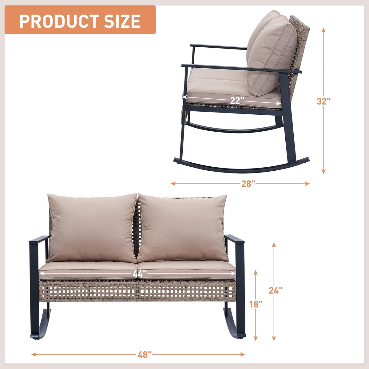 Ainfox Outdoor Patio Furniture Rocking Loveseat, Wicker Rattan Sofa