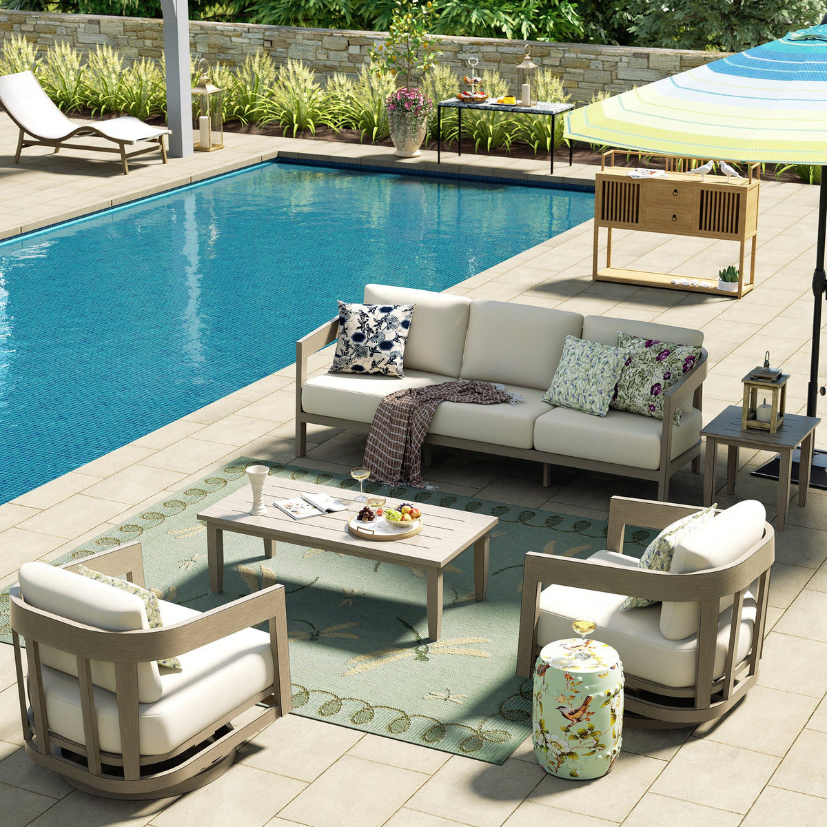 PEAKHOME Harmonti Patio 5-Piece Aluminum Swivel Conversation Sofa Set With Cushions