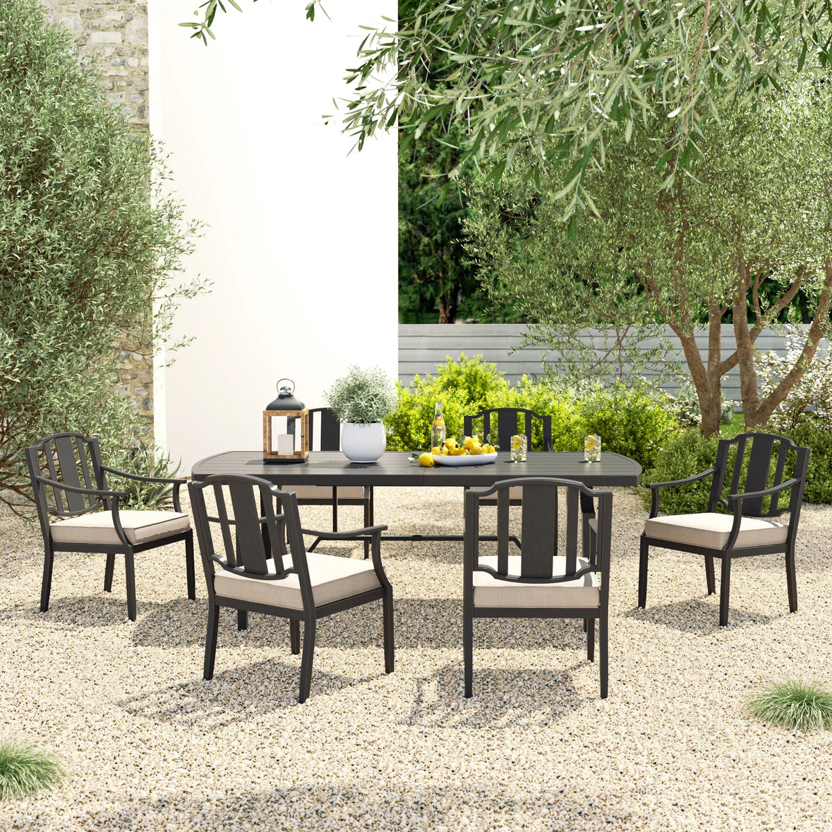 Tamarin Aluminum Patio Rectangular Dining Table and 6 Dining Armchairs