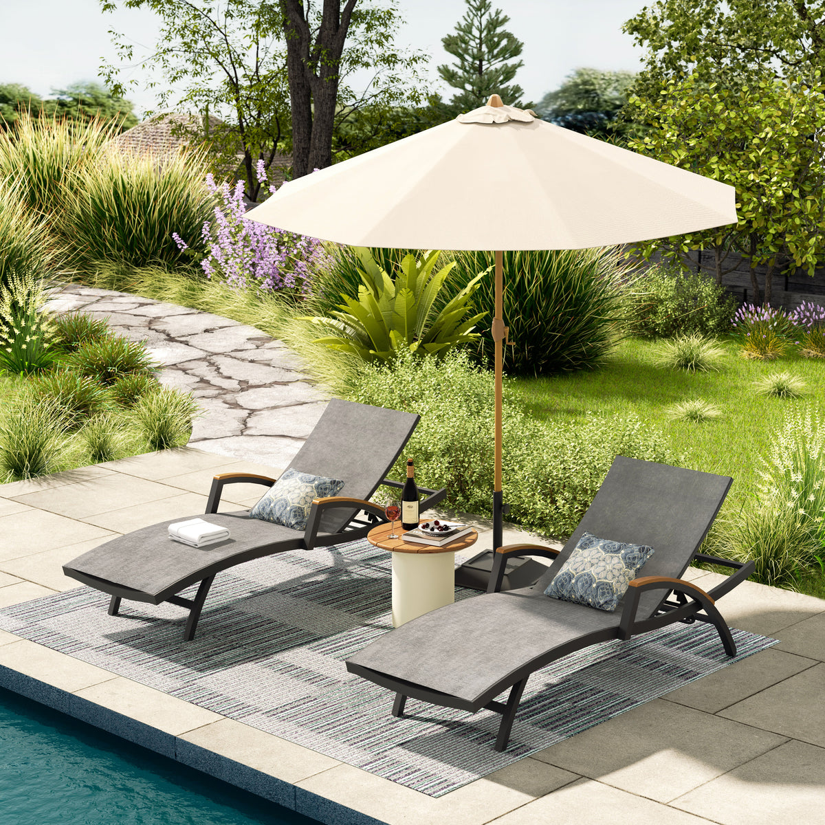 PEAKHOME-Chambray Patio Aluminum Armrest Chaise Lounge Set With Phifertex® Sling Fabric And Round Side Table