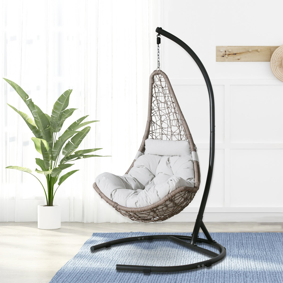 Peakhome Furnishings Outdoor/Indoor Wicker Hanging Basket Swing Chair with Stand
