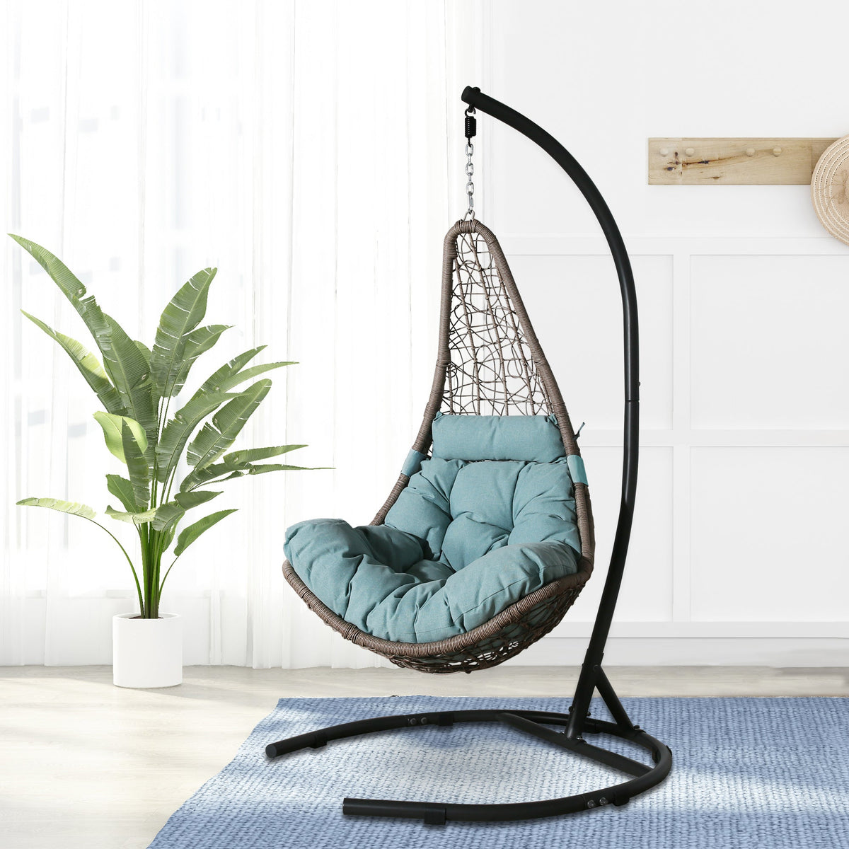 Peakhome Furnishings Outdoor/Indoor Wicker Hanging Basket Swing Chair with Stand
