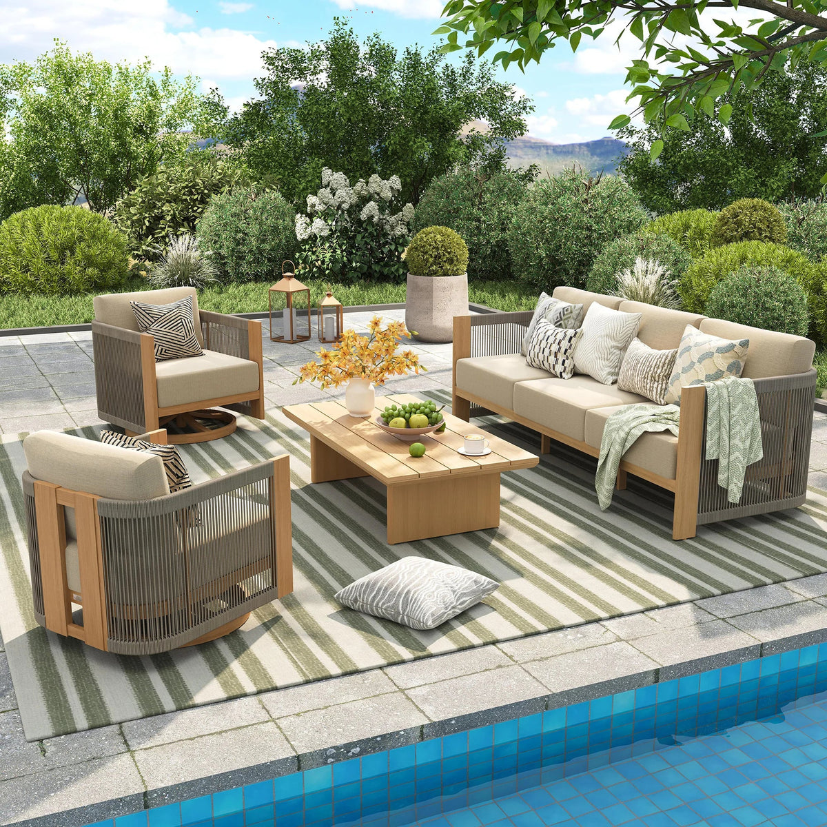 Positano 4-Piece Aluminum Rope Swivel Conversation Set with Sunbrella® Cushions