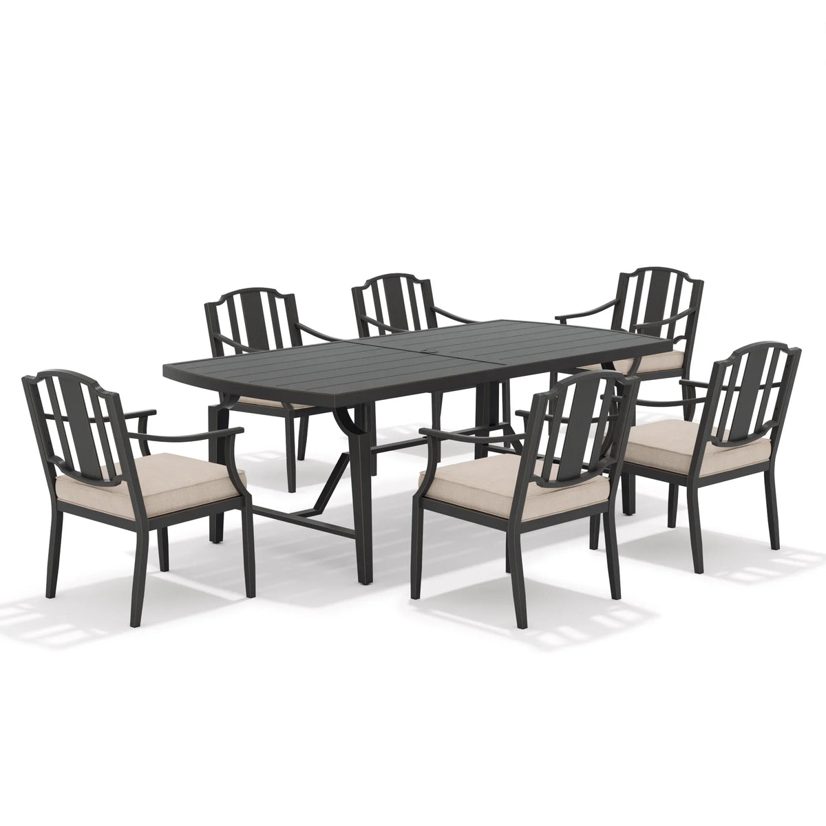 Tamarin Aluminum Patio Rectangular Dining Table and 6 Dining Armchairs