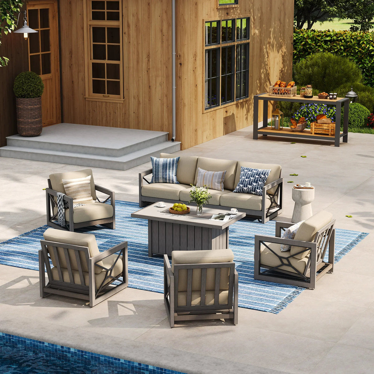 Marindo 6-Piece Faux-Wood Aluminum Patio Deep Seating Set with Fire Pit Table