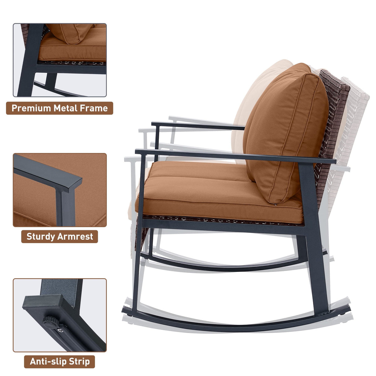 Ainfox Outdoor Patio Furniture Rocking Loveseat, Wicker Rattan Sofa