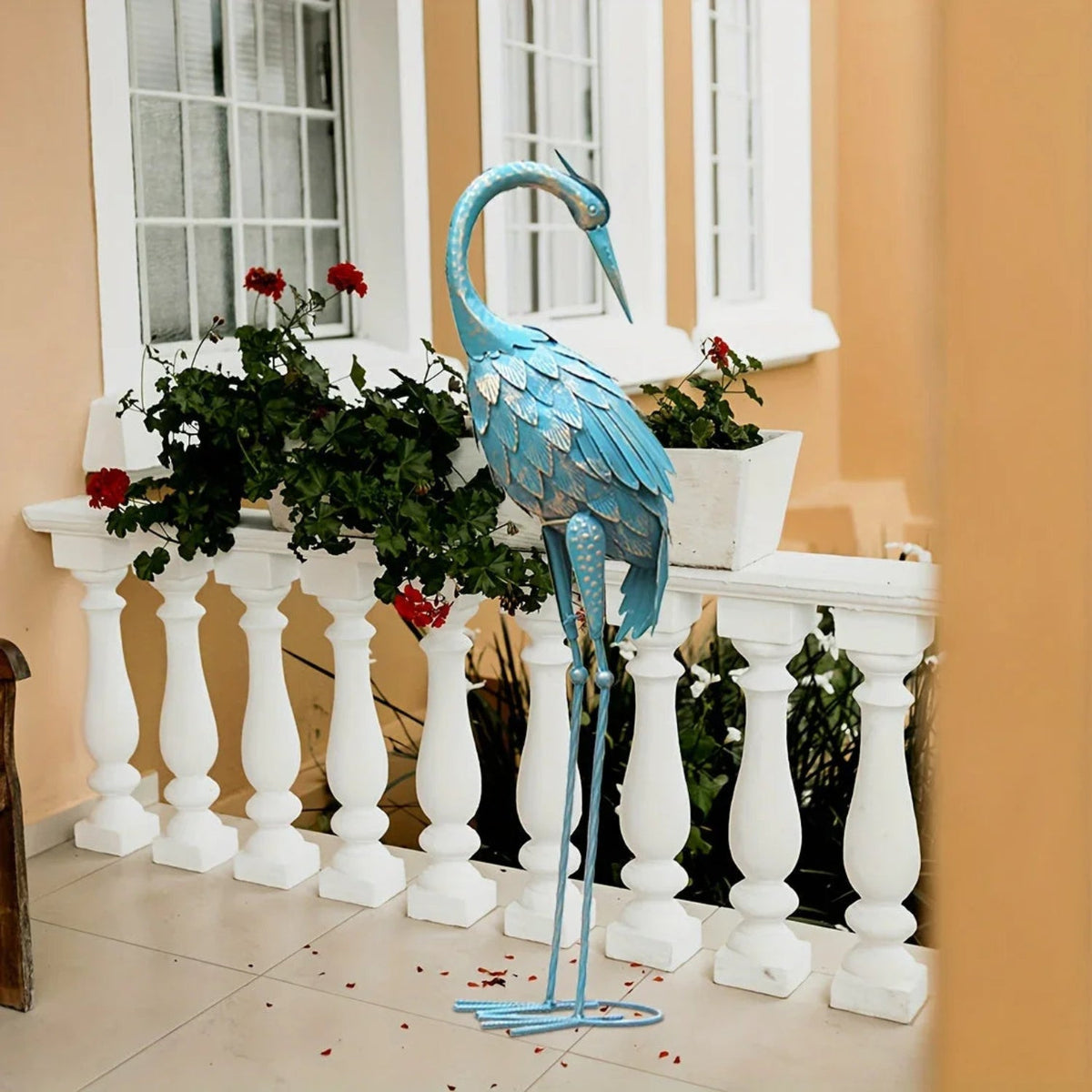 Blue Metal Crane Garden Statue Outdoor Sculpture