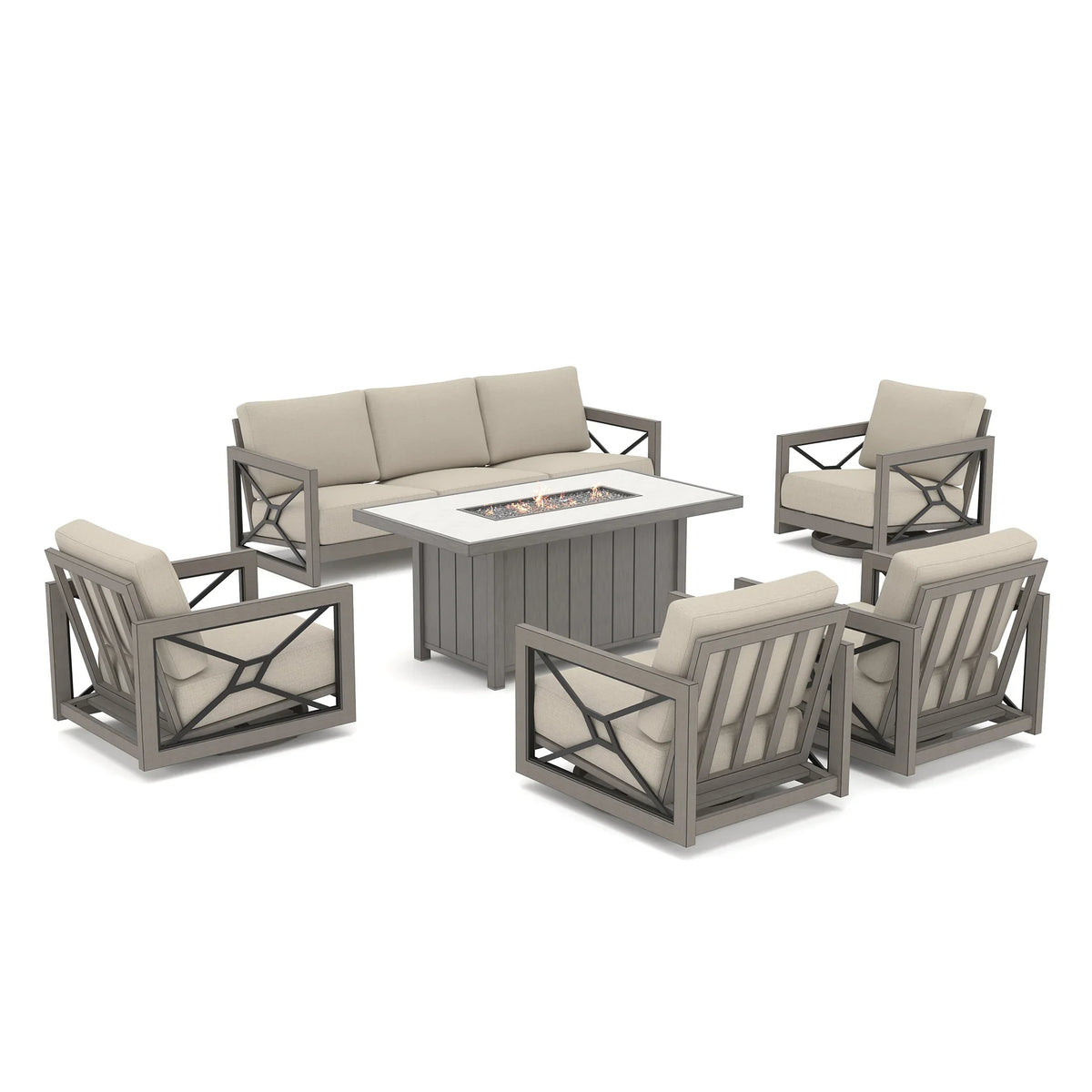 Marindo 6-Piece Faux-Wood Aluminum Swivel Patio Deep Seating Set with Fire Pit Table
