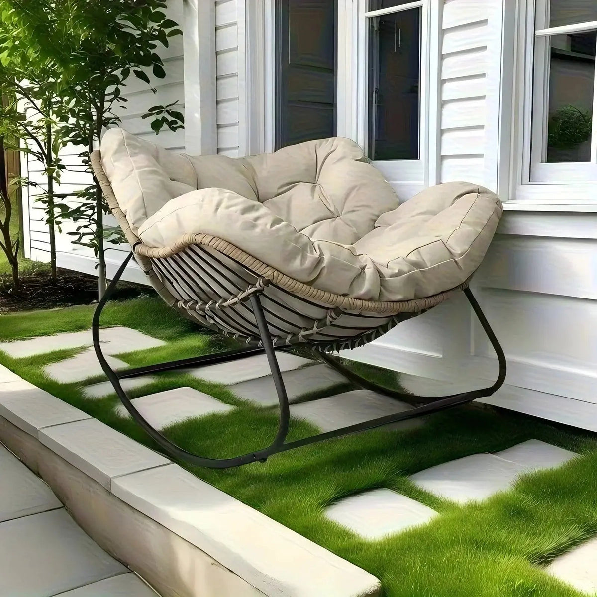 Outdoor Papasan Rocking Chair with Weather-Resistant Cushions