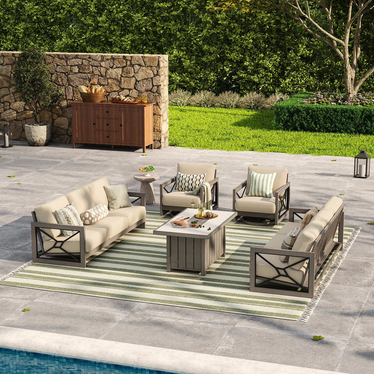 Marindo 8-Person Faux-Wood Aluminum Swivel Patio Outdoor Salon with Fire Pit Table