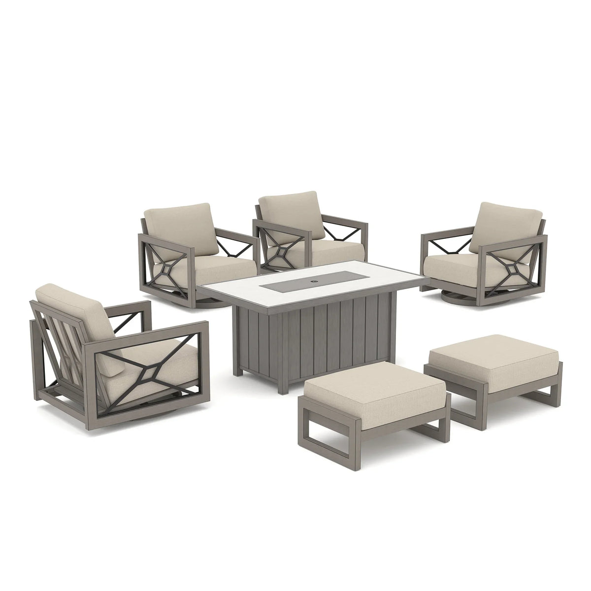 Marindo 7-Piece Aluminum Patio Conversational Swivel Eco-Lounge with Fire Table