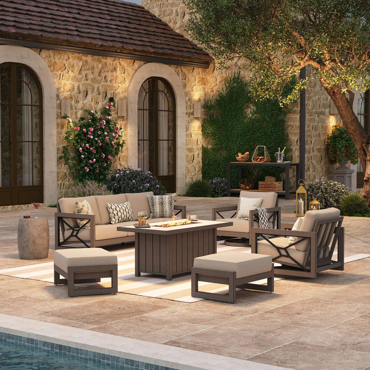 Marindo 6-Piece Faux-Wood Aluminum Swivel Patio Set with Fire Pit and Ottomans