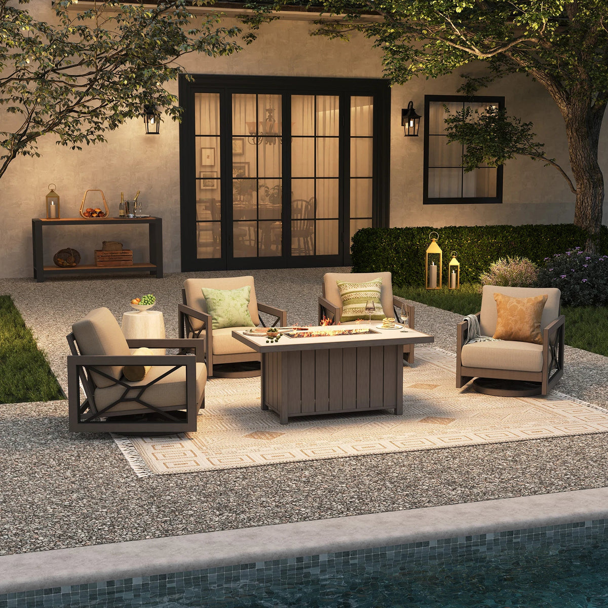 Marindo 5-Piece Faux-Wood Aluminum Swivel Patio Fire Chat Retreat