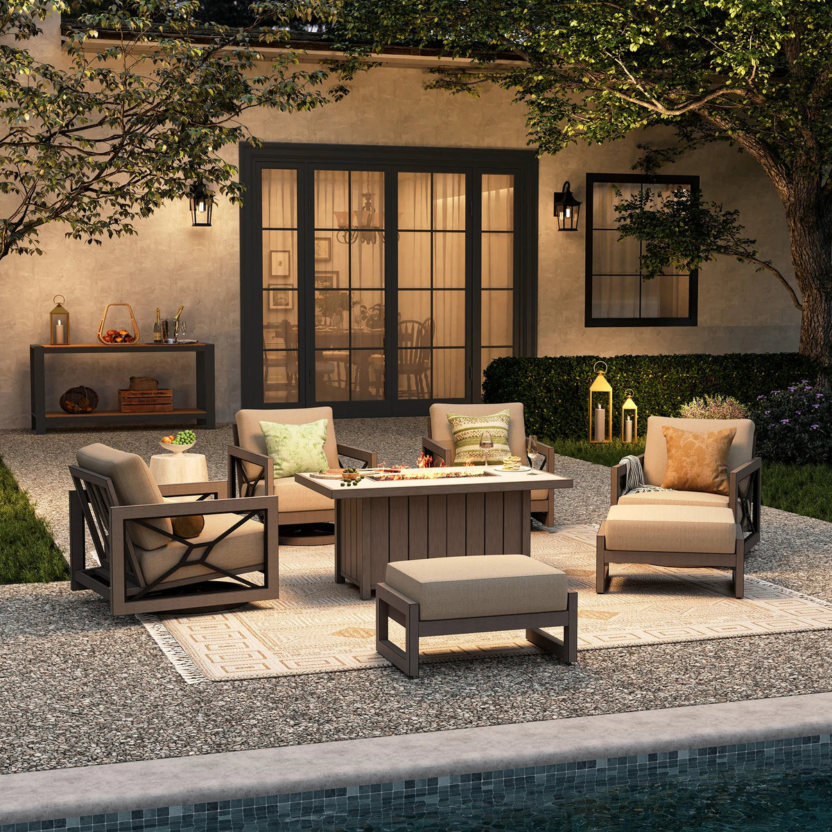 Marindo 7-Piece Aluminum Patio Conversational Swivel Eco-Lounge with Fire Table