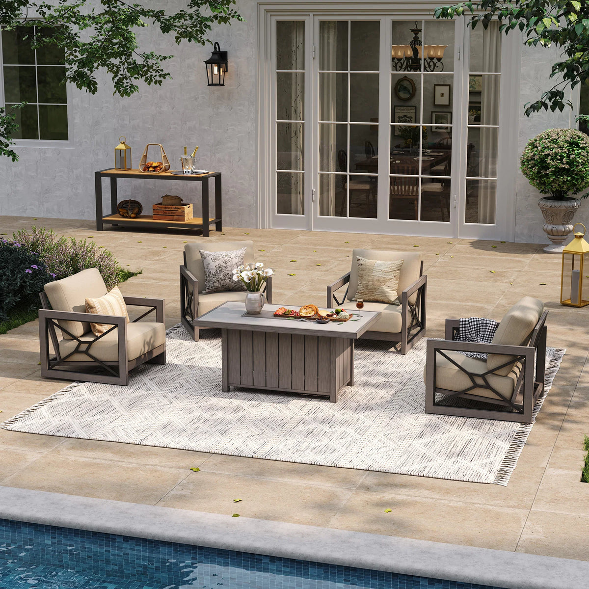 Marindo 5-Piece Faux-Wood Aluminum Patio Fire Centerpiece Gathering Combo