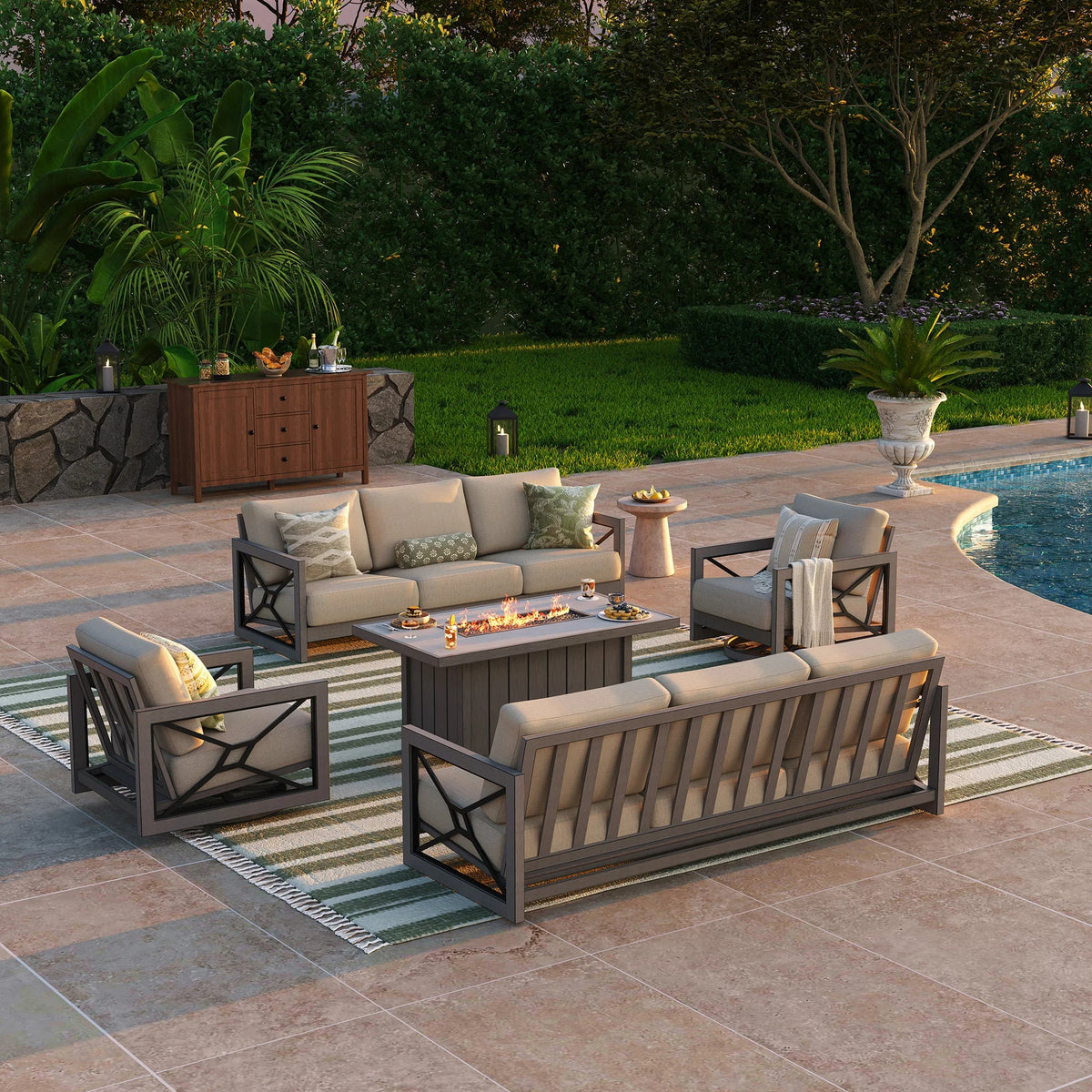 Marindo 8-Person Faux-Wood Aluminum Swivel Patio Outdoor Salon with Fire Pit Table