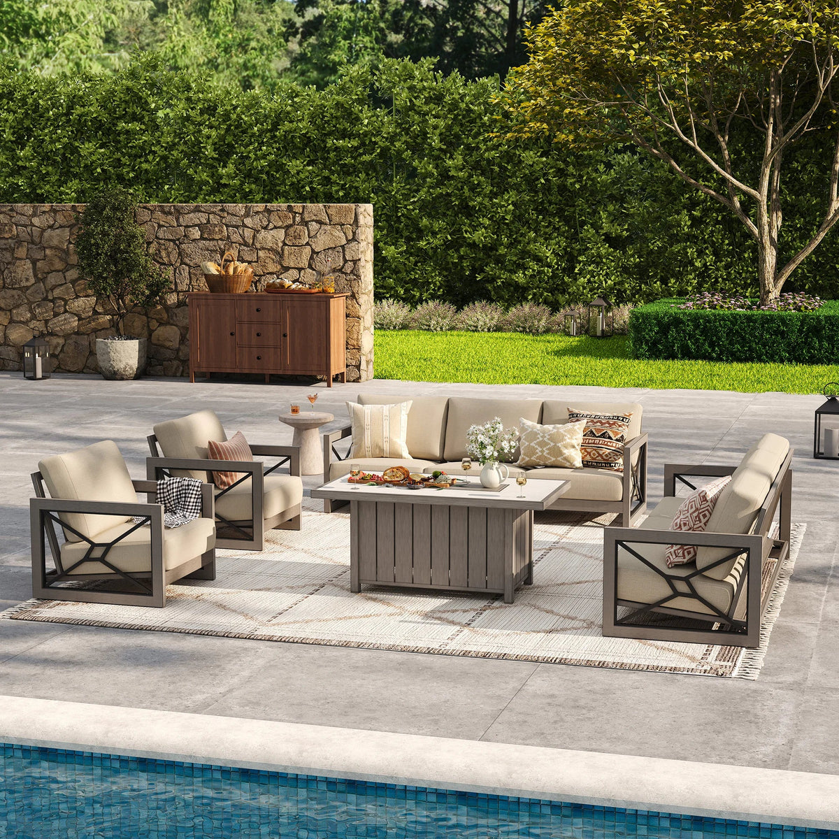 Marindo 8-Person Faux-Wood Aluminum Patio Outdoor Salon with Fire Pit Table